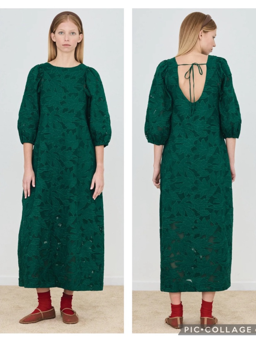EUC The Tiny Big Sister Dark Emerald Green Guipure Puff Sleeve Cotton Midi dress